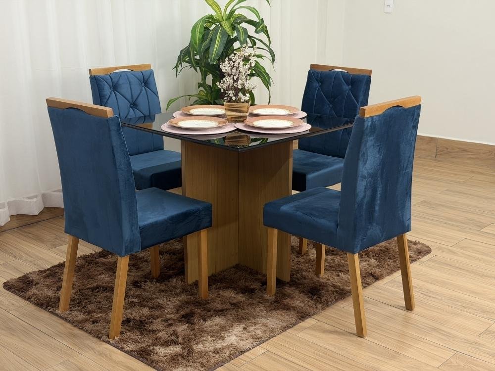 Mesa de Jantar Helo 0.90x0.90 Com 4 Cadeiras Jasmim - Freijó/Preto/Azul Veludo