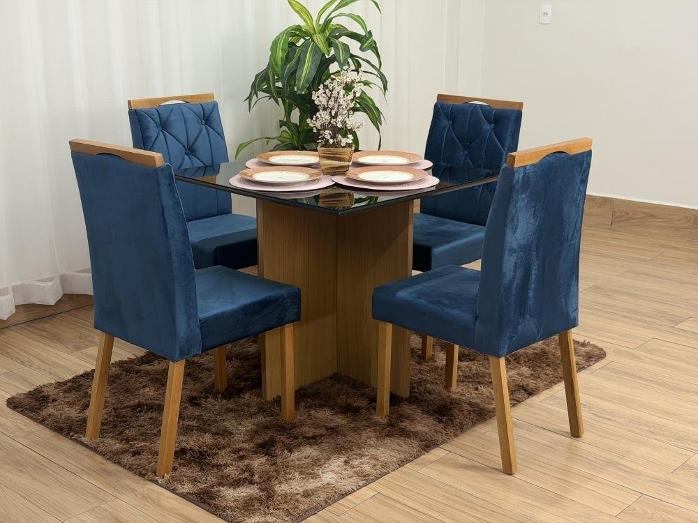 Mesa de Jantar Helo 1.20x0.90 Com 4 Cadeiras Jasmim - Freijó/Preto/Azul Veludo - Imagem 6