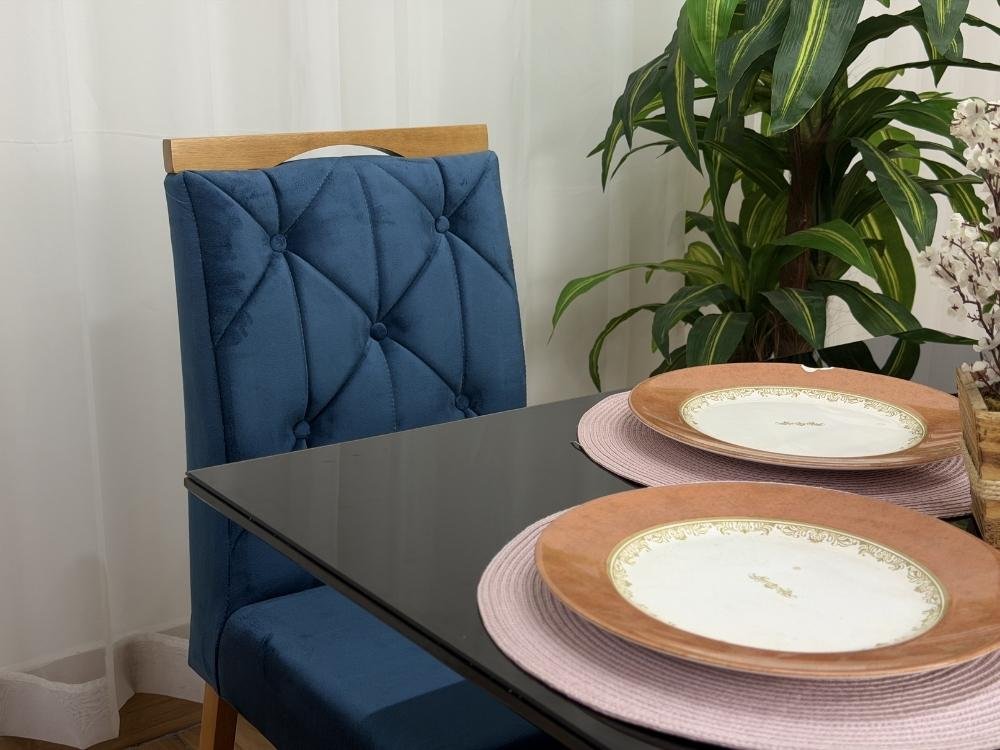 Mesa de Jantar Helo 0.90x0.90 Com 4 Cadeiras Jasmim - Freijó/Preto/Azul Veludo - Imagem 4