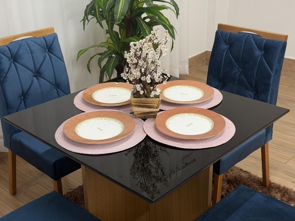 Mesa de Jantar Helo 0.90x0.90 Com 4 Cadeiras Jasmim - Freijó/Preto/Azul Veludo - Imagem 5