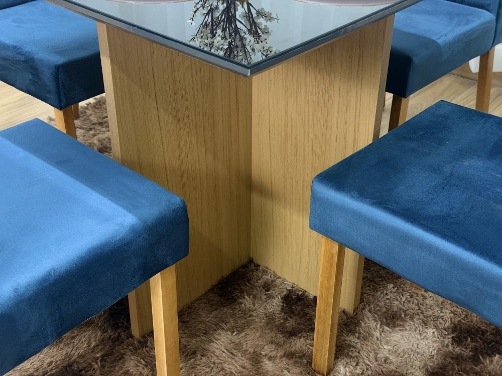 Mesa de Jantar Helo 0.90x0.90 Com 4 Cadeiras Jasmim - Freijó/Preto/Azul Veludo - Imagem 2