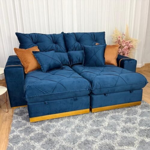 Sofá Retrátil Reclinável Pleno 2.30m - Azul Veludo