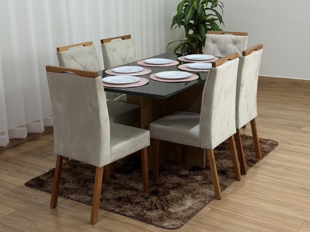 Mesa de Jantar Helo 1.60×0.90 Com 6 Cadeiras Jasmim - Freijó/Preto/Bege Veludo - Imagem 8