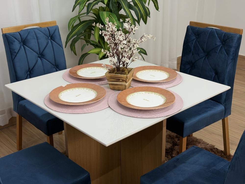Mesa de Jantar Helo 0.90x0.90 Com 4 Cadeiras Jasmim - Freijó/Off White/Azul Veludo - Imagem 2