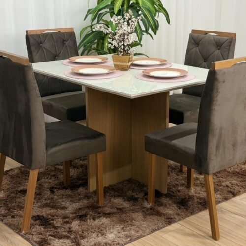 Mesa de Jantar Helo 1.20x0.90 Com 4 Cadeiras Jasmim - Mel/Off White/Marrom Veludo