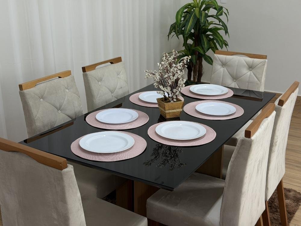 Mesa de Jantar Helo 1.60×0.90 Com 6 Cadeiras Jasmim - Freijó/Preto/Bege Veludo - Imagem 4