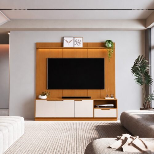 Bancada Tucumã + Painel Slim c/Prateleira e Led 1.80m 55" - Nature/Off White