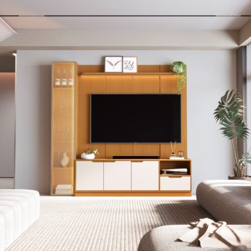 Torre Modular c/ Led Vidro reflecta + Bancada Tucumã + Painel Slim c/Prateleira 55" e Led 2.16m - Nature/Off White