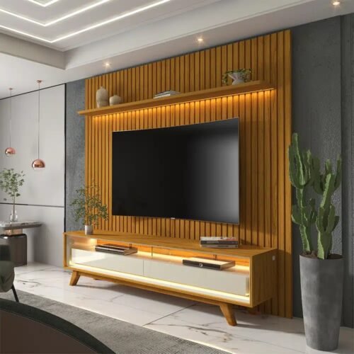 Painel Nobre c/Prateleira e Led + Rack Requinte 1.85m - Naturale/Off White
