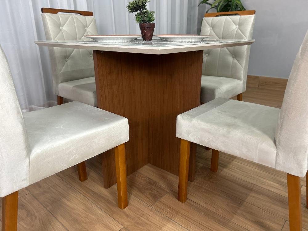 Mesa de Jantar Helo 0.90x0.90 Com 4 Cadeiras Jasmim - Freijó/Off White/Bege Veludo - Imagem 4