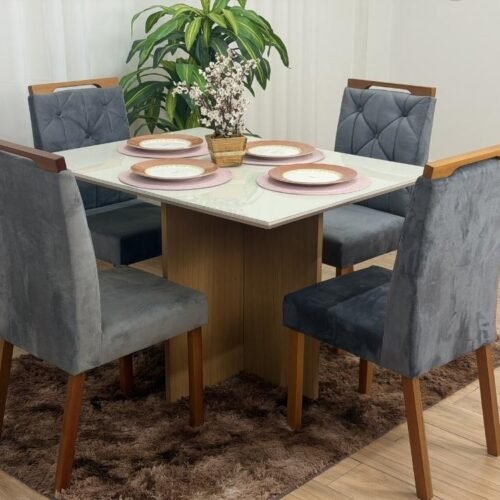 Mesa de Jantar Helo 1.20x0.90 Com 4 Cadeiras Jasmim - Mel/Off White/Cinza Veludo