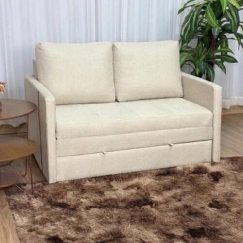 Sofa Cama Dominic 1.40m - Bege Linho/Marrom Courino
